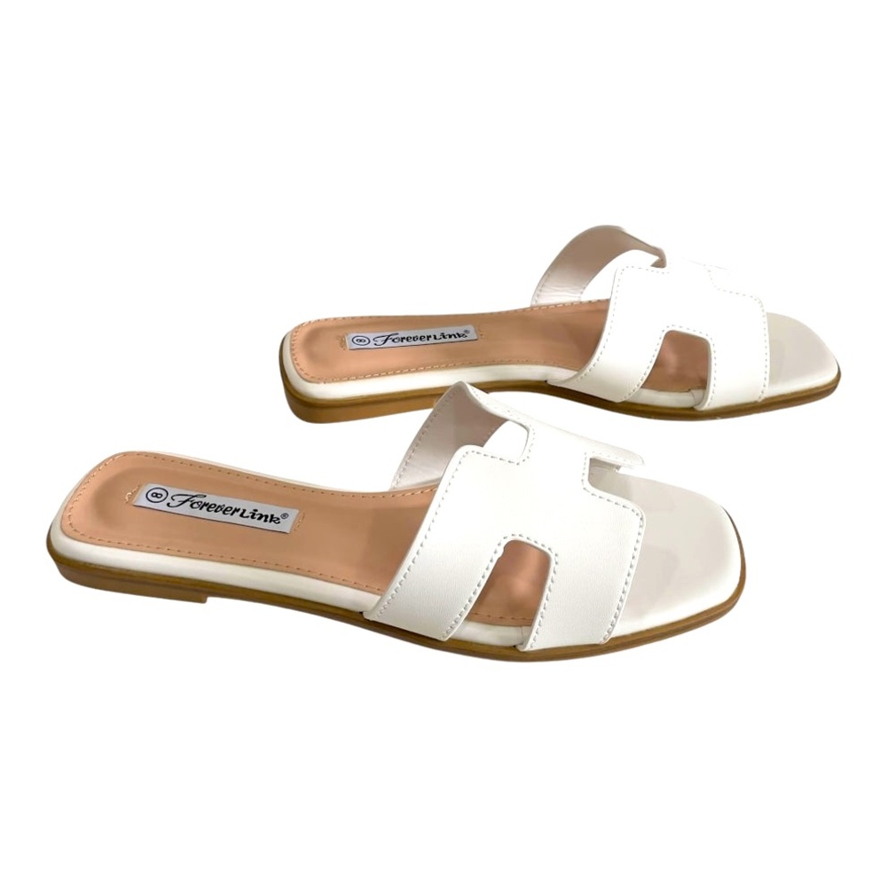 WHITE TRENDY H- SHAPED CUTOUT UPPOER SLIDE SANDALS - Picture 2 of 7